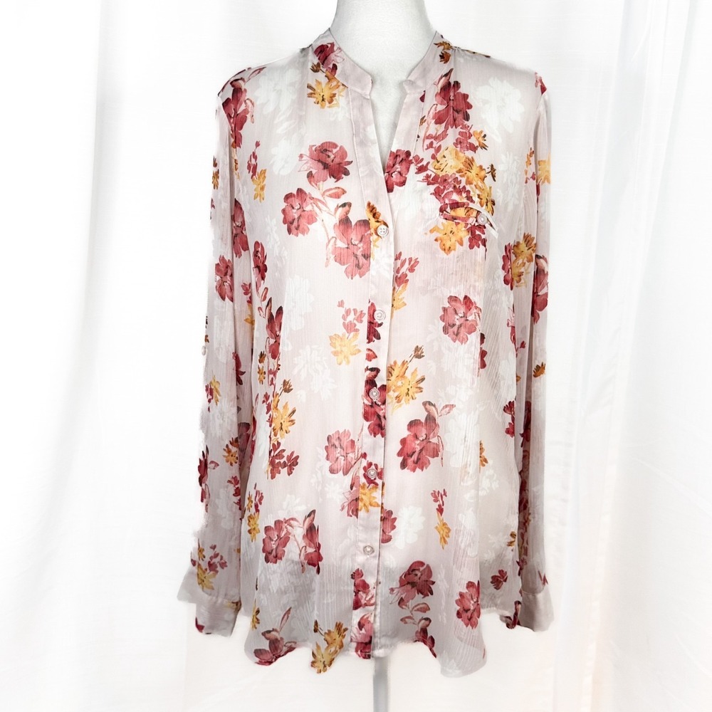 KUT From The Kloth Floral Sheer Roll Tab Button Front Blouse Womens L Pink EUC